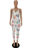 White Casual Letter Print Pocket Spaghetti Strap Loose Jumpsuits