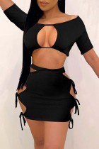 Zwarte mode Sexy effen uitgeholde riem ontwerp O-hals korte mouw twee stukken