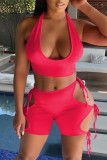 Wassermelonenrot Mode Sexy Solide Ausgehöhltes Rückenfreies Trägerdesign U-Ausschnitt Ärmellos Zweiteilig
