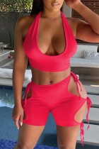 Watermelon Red Fashion Sexy Solid Hollowed Out Backless Strap Design U Neck Sleeveless Two Pieces