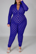 Blauwe mode sexy effen uitgeholde doorschijnende kraag met rits plus size jumpsuits