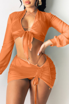 Оранжевый сексуальный сплошной лоскутный сетчатый купальник накидка