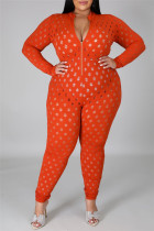 Oranje Mode Sexy Effen Uitgeholde Doorzichtige Rits Kraag Plus Size Jumpsuits