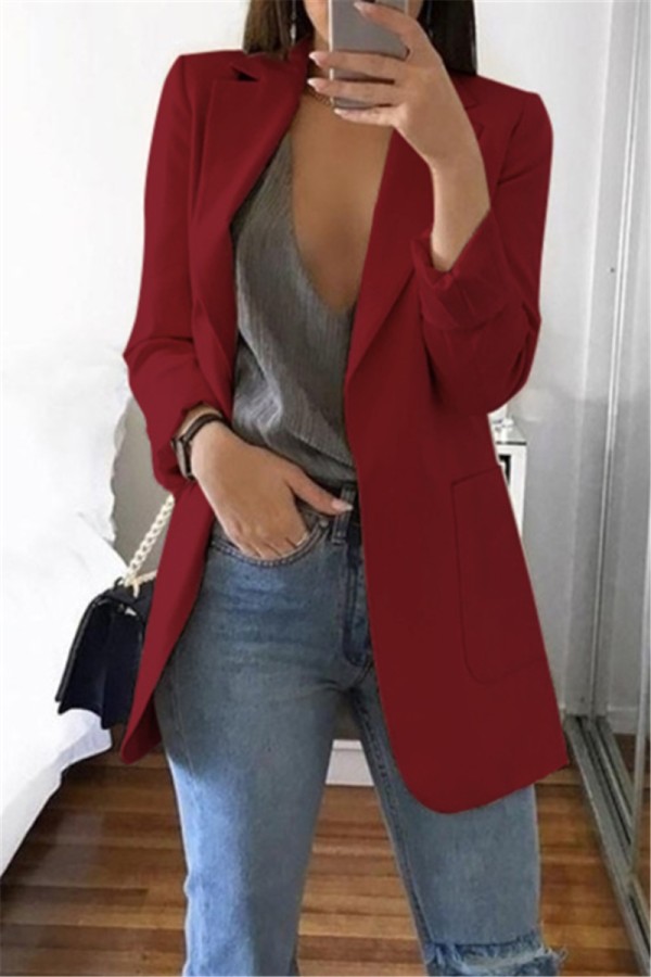 Винно-красный повседневный пиджак с длинными рукавами