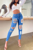 De cowboyblauwe mode Sexy effen gescheurde normale jeans met hoge taille