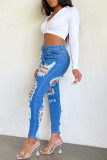 Ковбойские синие модные сексуальные однотонные рваные джинсы с высокой талией