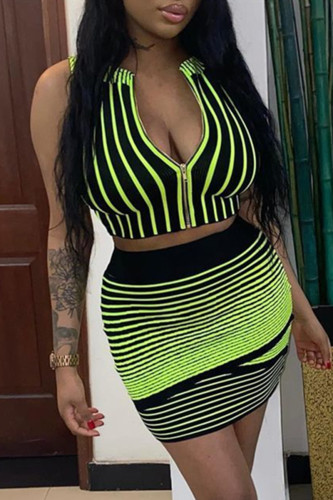 Fluorescent Green Fashion Sexy Print Basic Zipper Collar Sleeveless Two Pieces