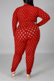 Röd Mode Sexig Solid urholkad genomskinlig blixtlåskrage Plus Size Jumpsuits