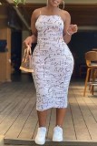 White Fashion Sexy Plus Size Print Backless Fold Spaghetti Strap Sleeveless Dress
