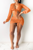 Oranje sexy effen patchwork mesh badmode cover-up