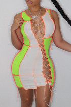 Флуоресцентное зеленое модное сексуальное лоскутное платье без рукавов с круглым вырезом