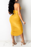 Yellow Fashion Sexy Solid Hollowed Out Backless Fold Strapless Sleeveless Two Pieces