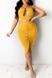 Gelb Mode Sexy Solide Ausgehöhlt Rückenfrei Falte Trägerlos Ärmellos Zweiteiler