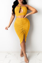 Gelb Mode Sexy Solide Ausgehöhlt Rückenfrei Falte Trägerlos Ärmellos Zweiteiler