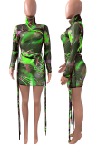 Green Sexy Print Mesh Turtleneck Pencil Skirt Dresses