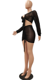 Black Sexy Solid Patchwork Mesh Swimwears Cover-up