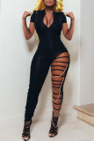 Black Fashion Sexy Solid Hollowed Out Patchwork Chains Zipper Collar Skinny Jumpsuits