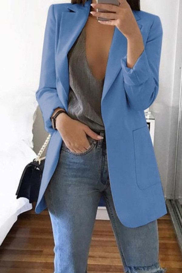 Голубой повседневный пиджак с длинными рукавами