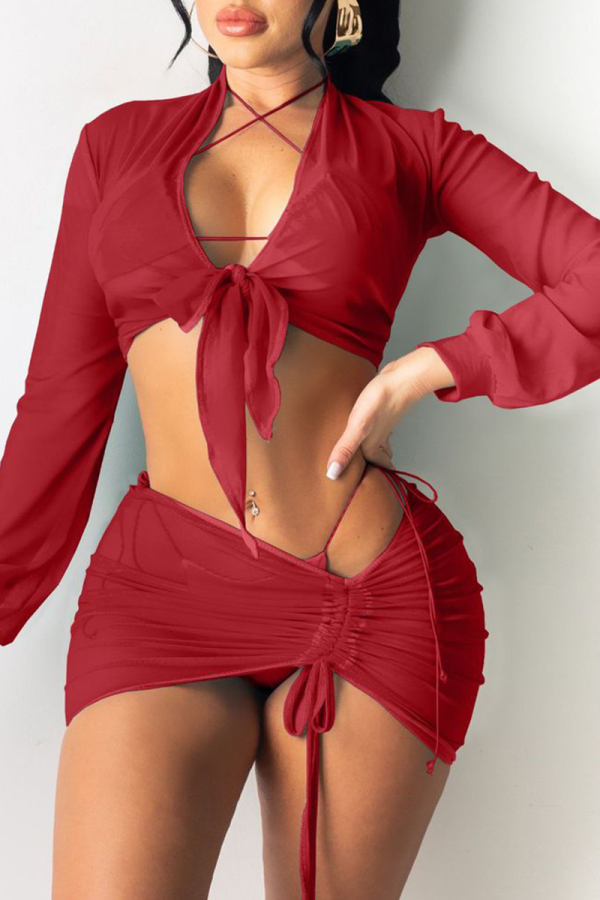 Cache-maillot de bain en maille patchwork solide rouge sexy