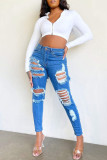 The cowboy blue jeans fashion sexy sólido rasgado cintura alta regular