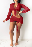 Red Sexy Solid Patchwork Mesh Swimwears Cover-up