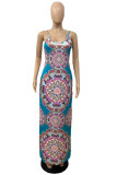 Ljusblå Sexig Casual Plus Size Print Slit O Neck Sling Dress