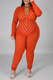 Orange Mode Sexig Solid urholkad genomskinlig blixtlåskrage Plus Size Jumpsuits