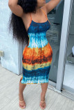 Синее модное сексуальное базовое платье с U-образным вырезом и принтом