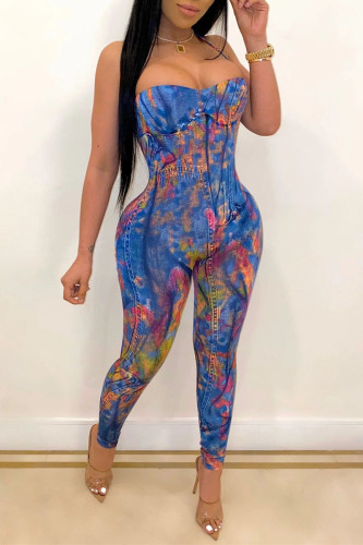Blue Fashion Sexy Print Backless Strapless Skinny Jumpsuits