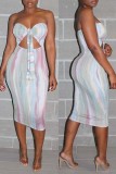 Multicolor Fashion Sexy Print ausgehöhltes rückenfreies trägerloses ärmelloses Kleid