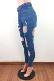 Le cowboy blue Fashion Sexy Solid Ripped High Waist Regular Jeans