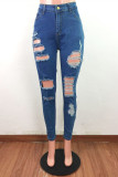 Le cowboy blue Fashion Sexy Solid Ripped High Waist Regular Jeans