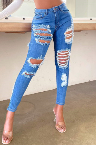 De cowboyblauwe mode Sexy effen gescheurde normale jeans met hoge taille