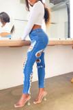 The cowboy blue jeans fashion sexy sólido rasgado cintura alta regular