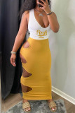 Желтое сексуальное повседневное платье с буквенным принтом и вырезом в стиле пэчворк с V-образным вырезом