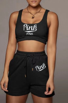 Schwarze, lässige Sportbekleidung mit Buchstabendruck, Basic U-Ausschnitt, ärmellose Zweiteiler