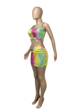 Green Yellow Sexy Patchwork Hollowed Out Tie-dye Spaghetti Strap Sleeveless Two Pieces