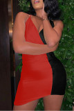 Красное черное модное сексуальное лоскутное платье с открытой спиной и V-образным вырезом на бретелях