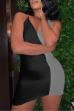 Черно-серое модное сексуальное лоскутное платье с открытой спиной и V-образным вырезом на бретелях