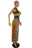Mehrfarbiges, sexy, bedrucktes, ausgehöhltes Trägerdesign, halbes ärmelloses Kleid mit Rollkragen