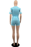 Cyan Casual Sportswear Letter Print Basic O Neck Short Sleeve Two Pieces