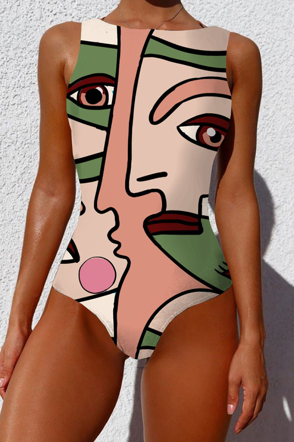 Geelroze sexy patchwork-badkleding met straatprint