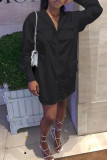 ブラック ファッション カジュアル ソリッド ポケット ターンダウン カラー シャツ ドレス