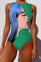 Turquoise Sexy Street Print Patchwork Swimwears