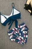 Peacock Blue Sexy Print Hollowed Out Patchwork Swimwears