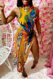 Vestido sin mangas de cuello alto con diseño de correa ahuecada con estampado sexy de moda multicolor