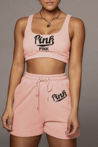 Roupa esportiva casual rosa com estampa de letra básica decote em U sem mangas duas peças