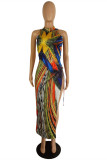 Multi-color Fashion Sexy Print Hollowed Out Strap Design Half A Turtleneck Sleeveless Dress
