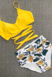 Yellow Sexy Print Hollowed Out Patchwork Swimwears