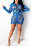Vestidos de mini vestido azul fashion sexy rasgado vazado transparente meio gola alta